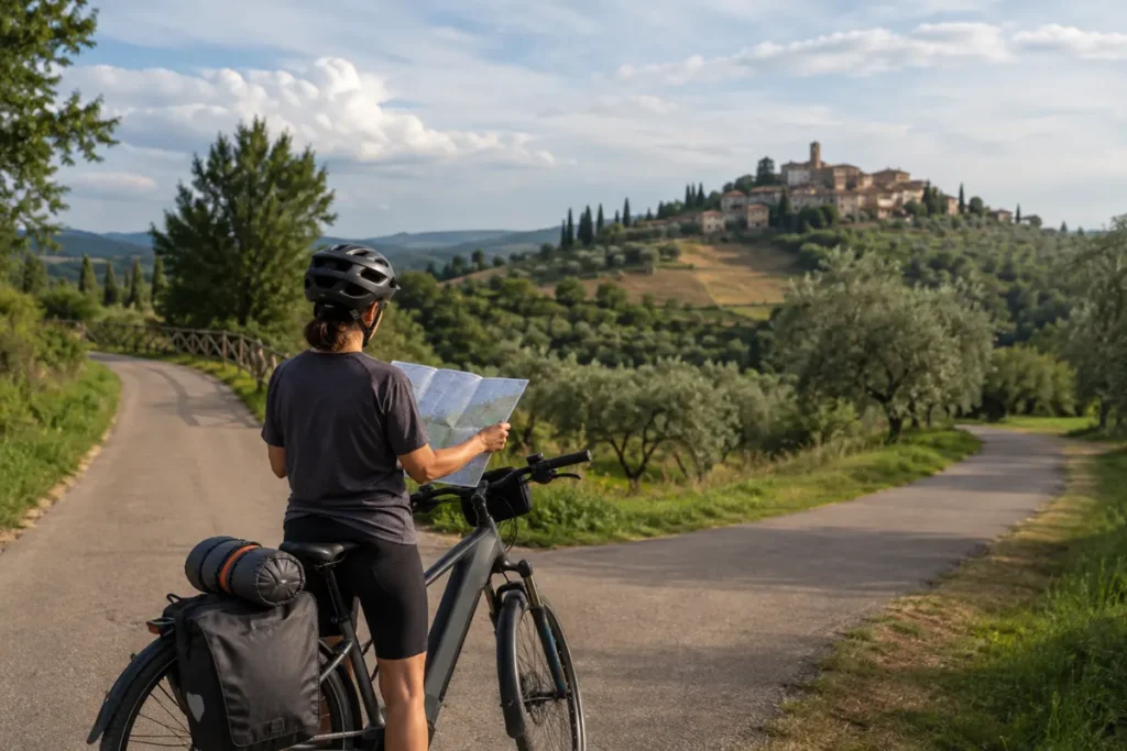Ciclista iniciante consulta mapa para escolher rota de e-bike na Itália